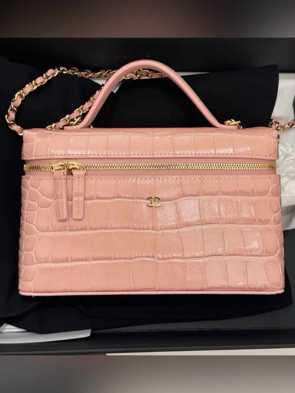 CHANEL Pink Croc-Embossed Top-Handle Satchel with Gold Hardware